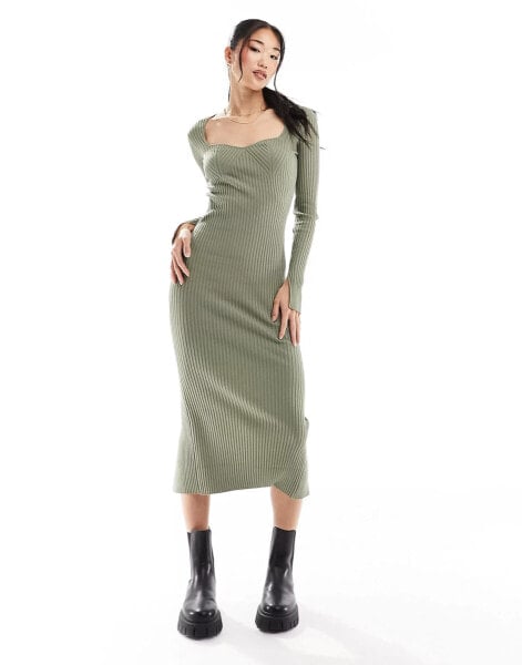 Bershka sweetheart neckline knitted maxi dress in khaki