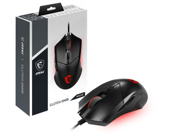 MSI CLUTCH GM08 Optical Gaming Mouse '4200 DPI Optical Sensor - 6 Programmable button - Symmetrical design - Durable switch with 10+ Million Clicks - Weight Adjustable - Red LED' - Ambidextrous - Optical - USB Type-A - 4200 DPI - Black