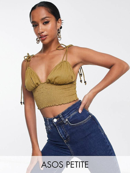 ASOS DESIGN Petite cami tie shoulder milkmaid top in olive