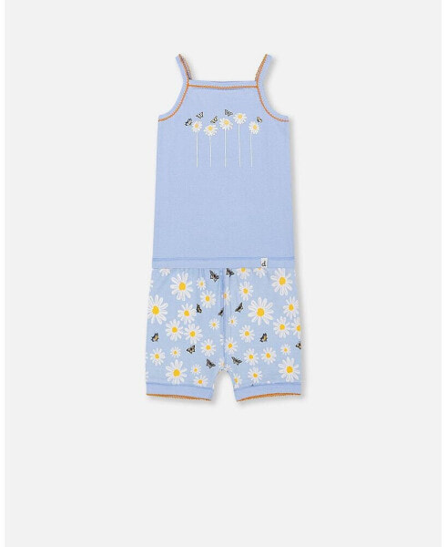 Girl Organic Cotton Two Piece Pajama Set Baby Blue Printed Daisies - Toddler Child