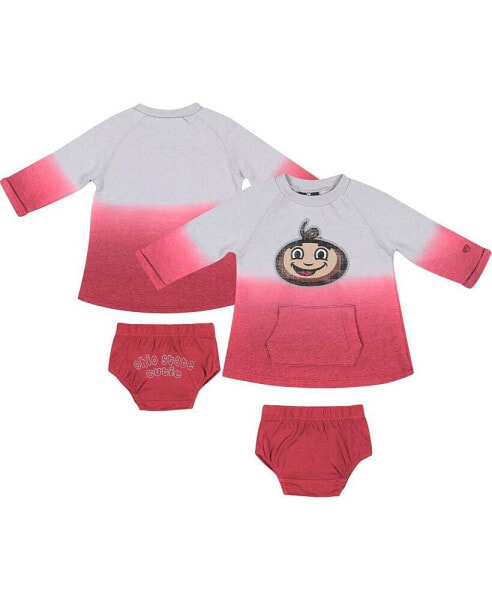 Newborn and Infant Boys and Girls Gray, Scarlet Ohio State Buckeyes Hand in Hand Ombre Dress and Bloomers Set