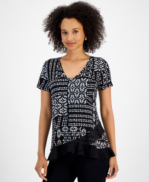 Women's Short Sleeve Patchwork Ruffled Tee, Created for Macy's