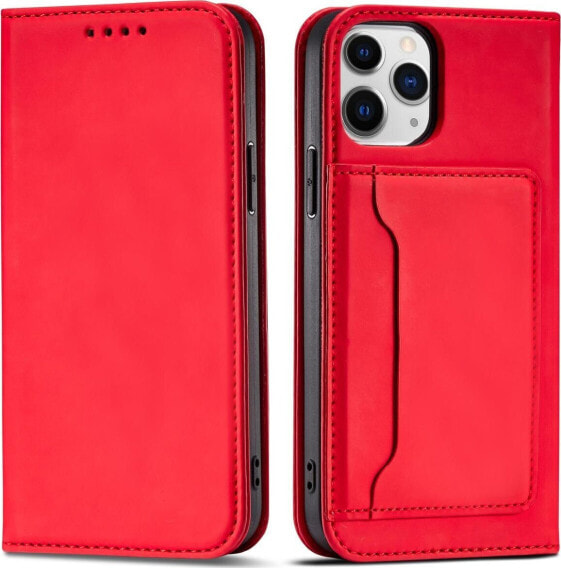 Hurtel Magnet Card Case etui do iPhone 12 Pro pokrowiec portfel na karty kartę podstawka czerwony