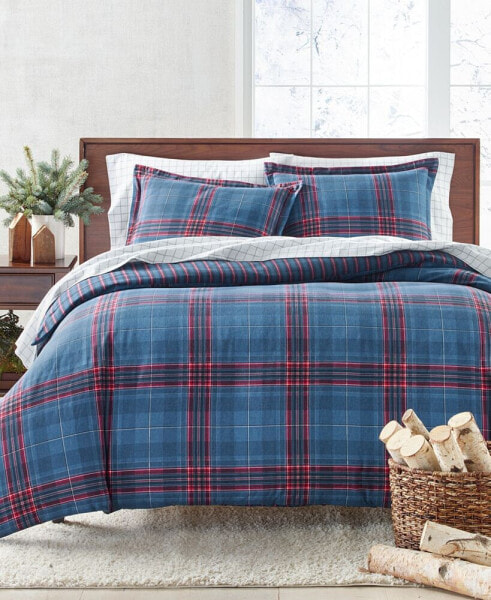 Navy Plaid Flannel Cotton Duvet Cover, King, Created for Macy's