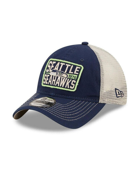 Men's College Navy, Natural Seattle Seahawks Devoted Trucker 9TWENTY Snapback Hat