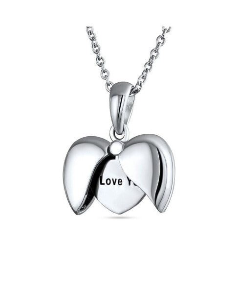Engraved Saying I LOVE YOU Opening Angel Wing Heart Shape Locket Necklace Pendant For Girlfriend Women .925 Sterling Silver