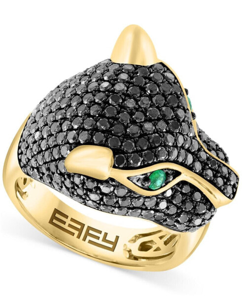 EFFY® Black Diamond (1-3/4 ct. t.w.) & Emerald (1/10 ct. t.w.) Panther Head Ring in 14k Gold