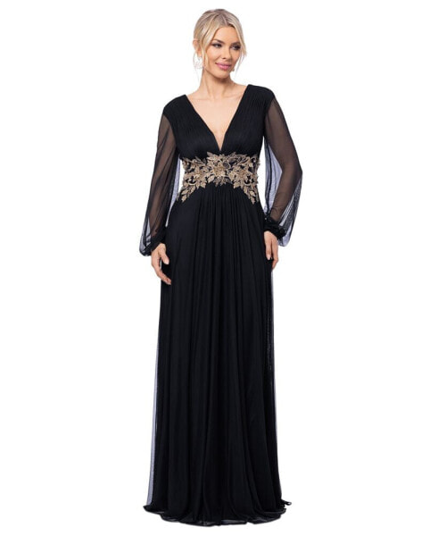 Women's Plunge-Neck Blouson-Sleeve Gown