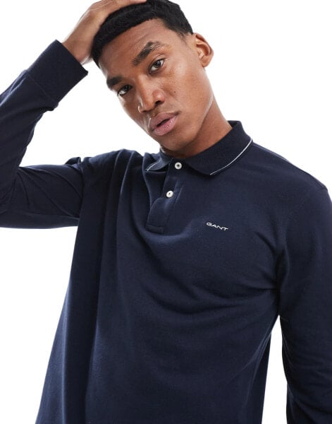 GANT regular fit long sleeve tipped polo with logo in navy