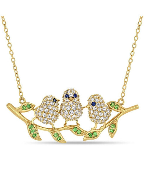 Lab Grown Blue and White Sapphire (1 1/4 ct. t.w.) Tsavorite (1/6 ct. t.w.) Leaf Chick Necklace in 18k Gold Over Sterling Silver