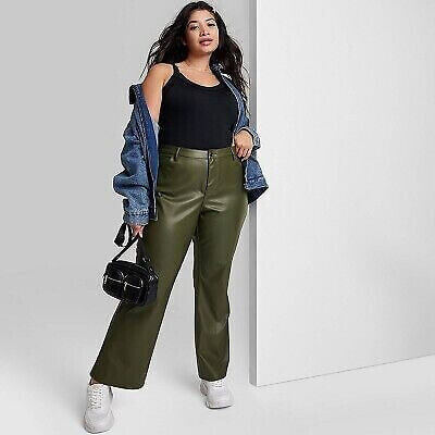 Women's Low-Rise Faux Leather Flare Pants - Wild Fable Olive Green 17