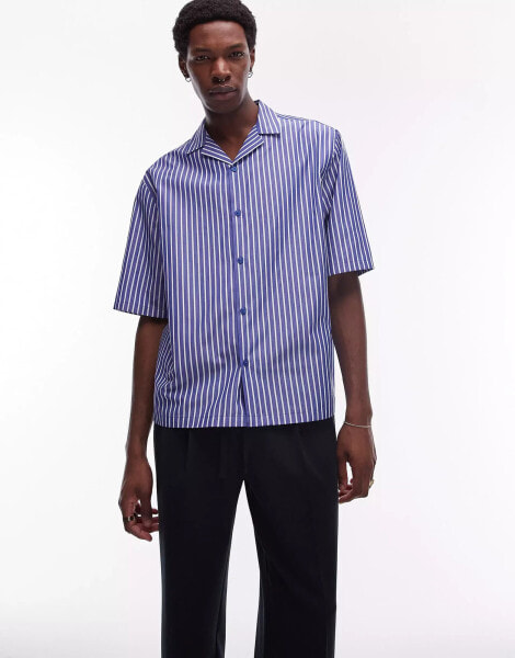 Topman short sleeve boxy stripe shirt in blue