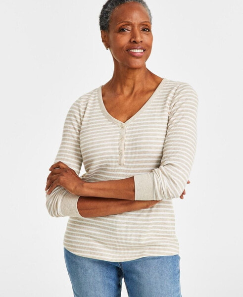 Women's Striped Textured Henley Top, Created for Macy's