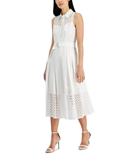 Women's Linen-Blend Eyelet-Embroidered Belted Pleated Dress