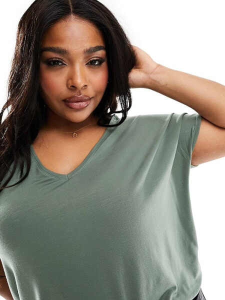 Vero Moda Curve v-neck t-shirt in khaki