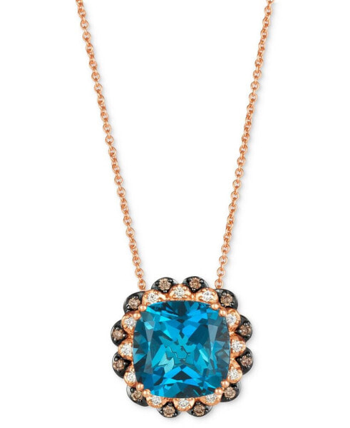 Deep Sea Blue Topaz (4-1/2 ct. t.w.) & Diamond (1/6 ct. t.w.) Double Halo Adjustable 20" Pendant Necklace in 14k Rose Gold