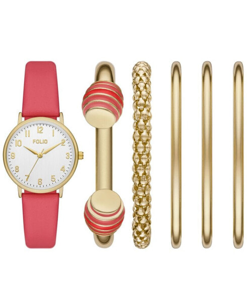 Women's Three Hand Gold-Tone 32mm Watch and Bracelet Gift Set, 6 Pieces