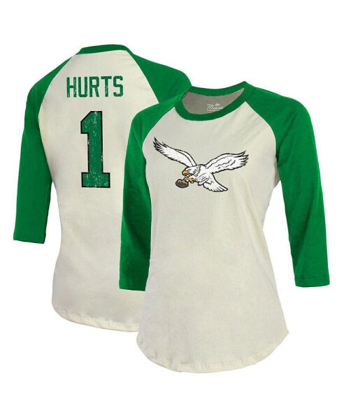 Women's Threads Jalen Hurts Cream, Kelly Green Philadelphia Eagles Alternate Player Name and Number Raglan 3/4-Sleeve T-shirt