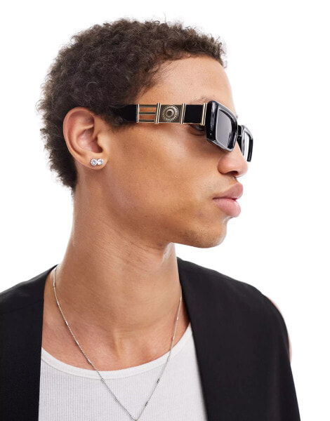 ASOS DESIGN chunky square sunglasses with gold temple design in black