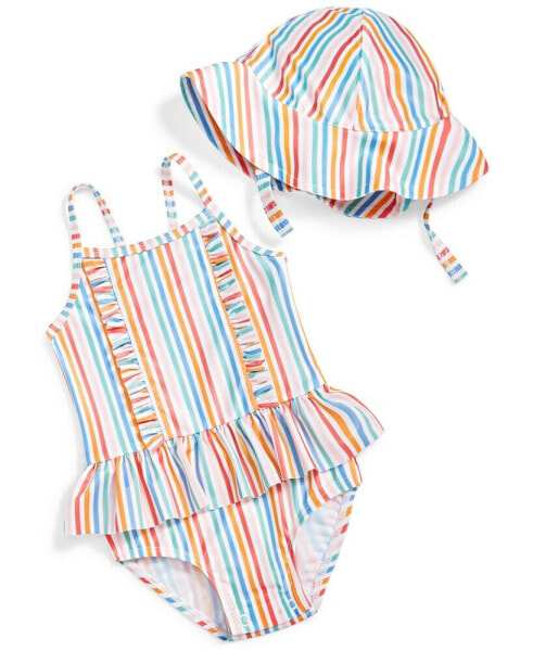 Baby Girls Striped One Piece Swimsuit and Hat, 2 Piece Set, UPF 50, Created for Macy's