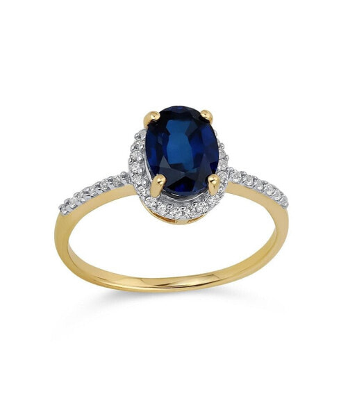 Delicate 1.5CT Oval Created White Sapphire Blue Sapphire Halo Ring For Women 10K Yellow Gold