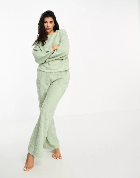 ASOS DESIGN lounge borg sweat & wide leg trouser set in sage