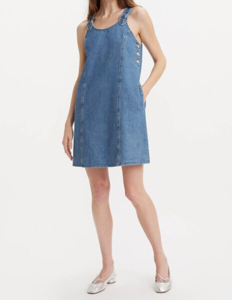 Levi's Women's Alyssa Blue Stonewash Cotton Denim Overalls Mini Dress Size L New