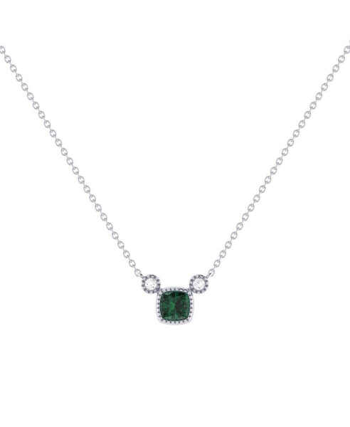 Cushion Cut Emerald Gemstone, Natural Diamond 14K White Gold Birthstone Necklace