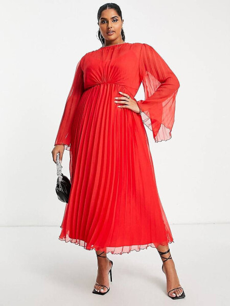 ASOS DESIGN Curve tie back fluted sleeve pleated midi dress in red