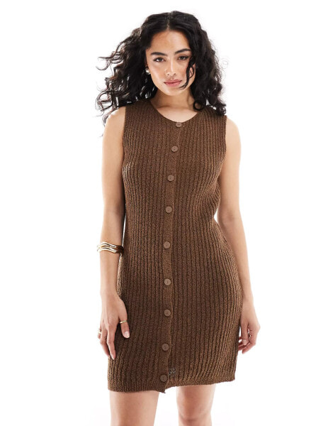 ASOS DESIGN knitted button through waistcoat dress in textured stitch in chocolate