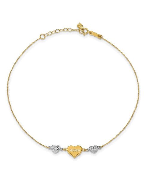 Puffed Heart "Love" Anklet in 14k Yellow and White Gold