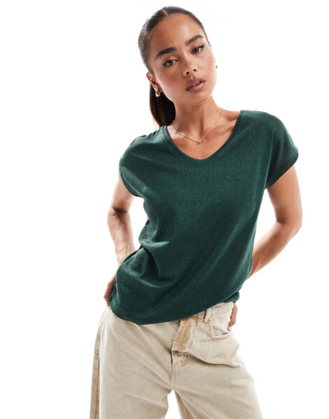 ONLY v neck t-shirt in green metallic