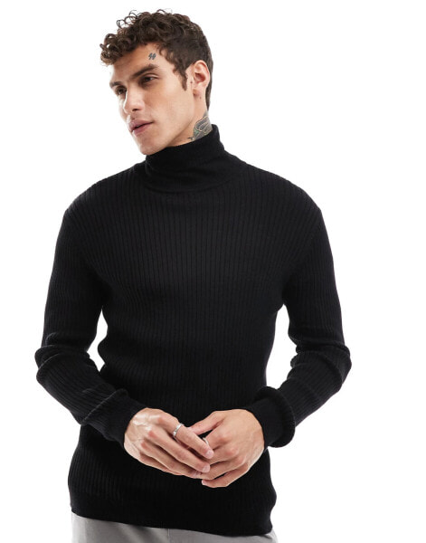 Brave Soul cotton ribbed roll neck jumper in black