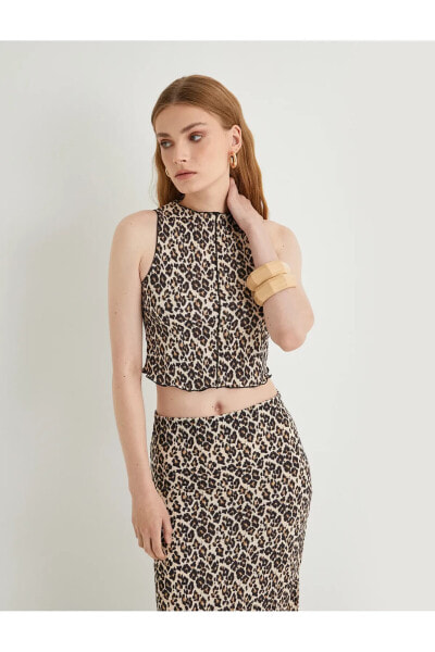 Leopar Desenli Crop Üst Kolsuz