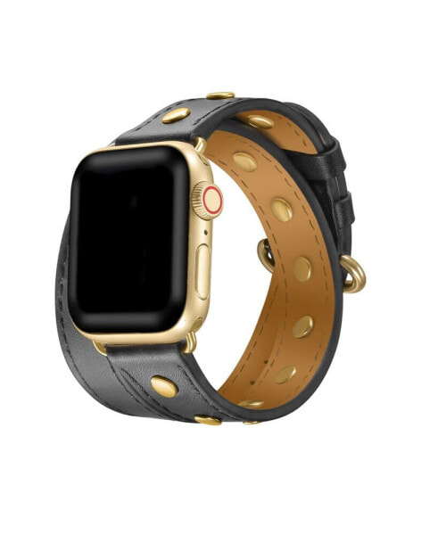 Men's and Women's Black Genuine Leather with Gold-Tone Studs Wrap for Apple Watch 38mm