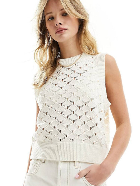 ASOS DESIGN knitted vest in pointelle stitch in cream