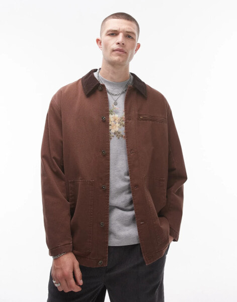 Topman wadded worker jacket in brown with contrast collar