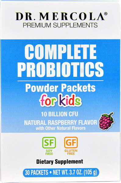 Dr. Mercola Complete Probiotics Powder Packets for Kids Детские порошковые пробиотики, с натуральным малиновым вкусом, для поддержки пищеварения 10 млрд 30 пакетов