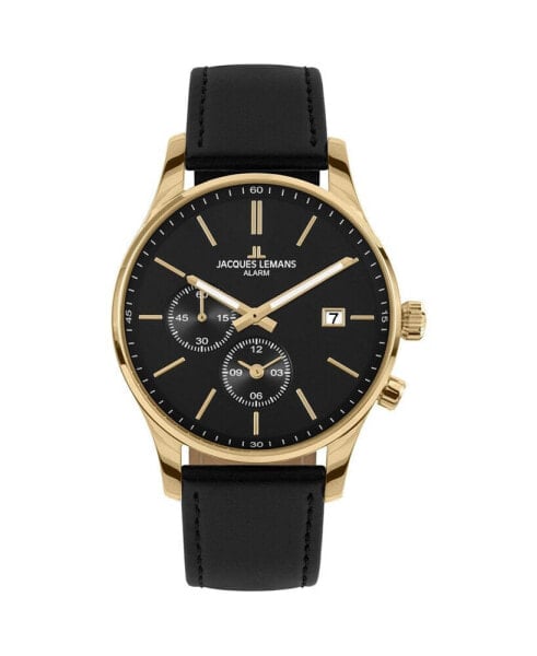 Men's London Watch with Leather Strap, Solid Stainless Steel IP Gold, 1-2125
