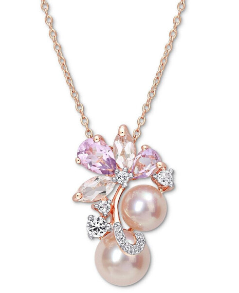 Pink Cultured Freshwater Pearl (7 & 8-1/2mm) & Multi-Gemstone (2-1/3 ct. t.w.) Flower Cluster 18" Pendant Necklace in 18K Rose Gold-Plated Sterling Silver