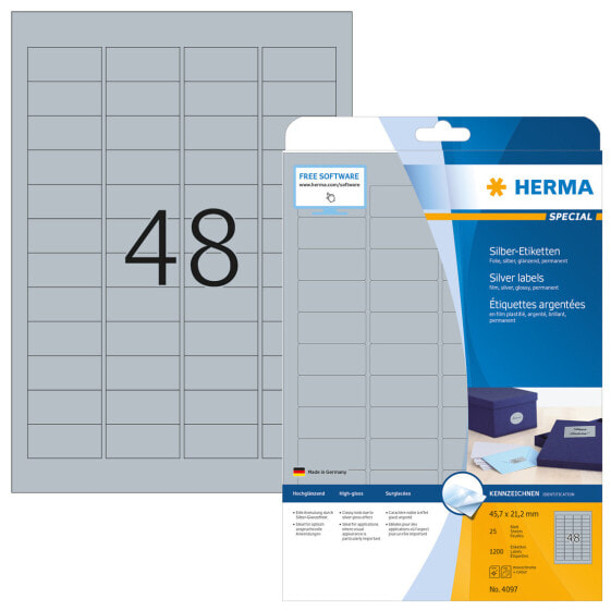 HERMA Labels A4 45.7x21.2 mm silver film glossy 1200 pcs. - Silver - Self-adhesive printer label - A4 - Polyester - Laser - Permanent