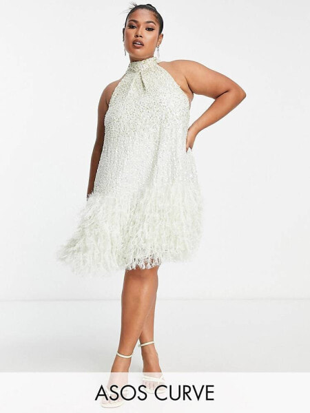 ASOS EDITION Curve sequin halter mini dress with faux feather hem in sage green