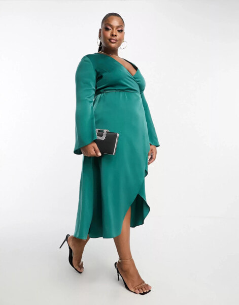 ASOS DESIGN Curve bias cut satin wrap dress with tie waist in teal