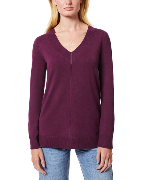 Women's Ribbed Seamed Long-Sleeve High-Low-Hem V-Neck Sweater