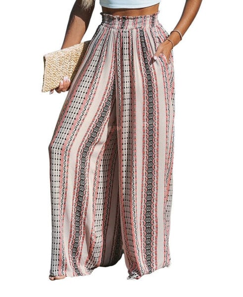 Women's Boho Striped Smocked Waist Wide Leg Pants