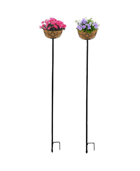 Садовый столб с вешалками для цветов Panacea черного цвета, комплект из 2 шт. с подкладками из кокоса