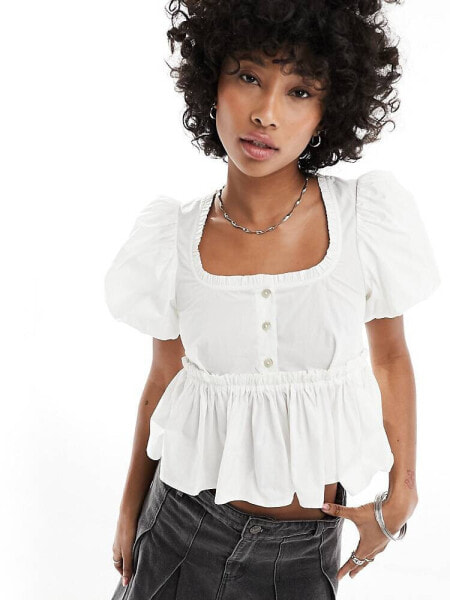 Monki milkmaid blouse with frill neckline and back bow detail