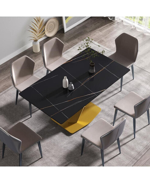 63-Inch Modern Artificial Stone Black Straight Edge Golden Metal X-Leg Dining Table -6 People