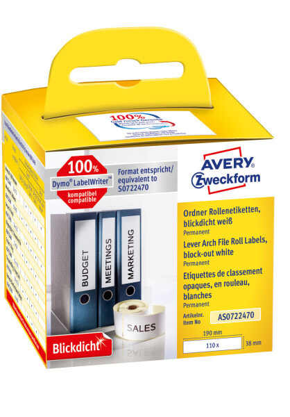 Avery Zweckform Avery AS0722470 - White - Rectangle - Permanent - 38 x 190 mm - Rolle - Paper