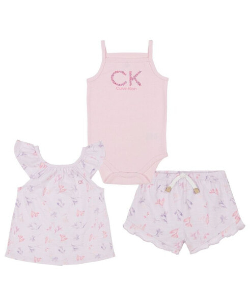 Baby Girls Ribbed Bodysuit, Slub Jersey Floral Print Tank and Shorts, 3 Piece Set